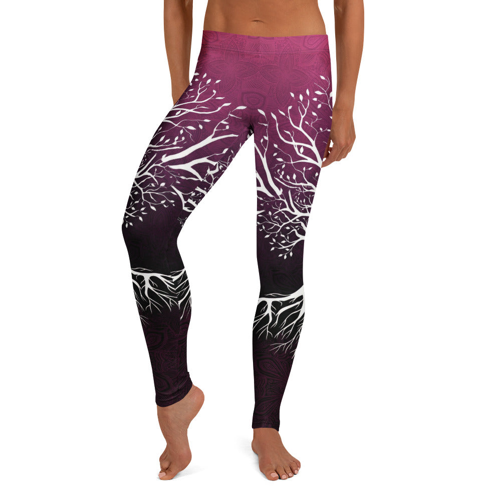 Personalisierte Damen Sportleggings Baum des Lebens Motiv Mandala Design Beerenrot Schwarz Yoga Fitnesshose K226