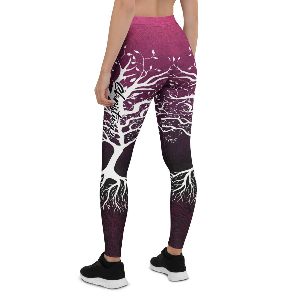 Personalisierte Damen Sportleggings Baum des Lebens Motiv Mandala Design Beerenrot Schwarz Yoga Fitnesshose K226