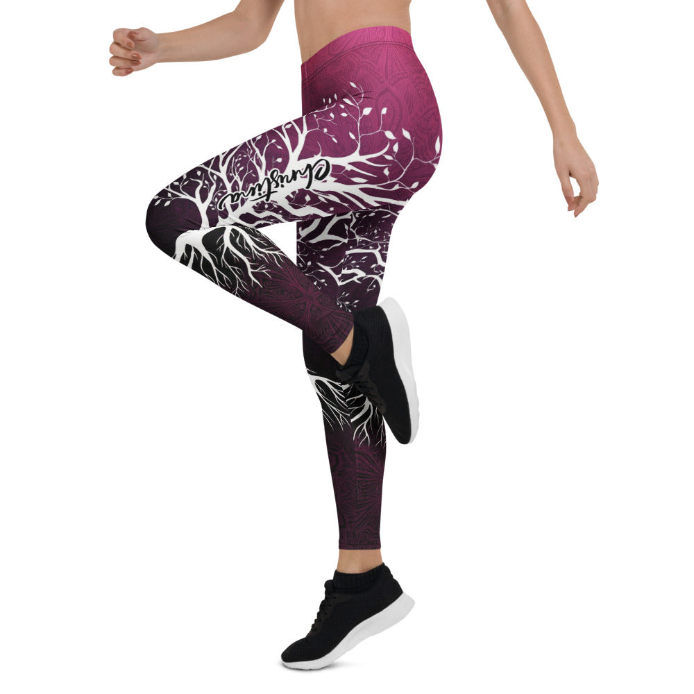 Personalisierte Damen Sportleggings Baum des Lebens Motiv Mandala Design Beerenrot Schwarz Yoga Fitnesshose K226