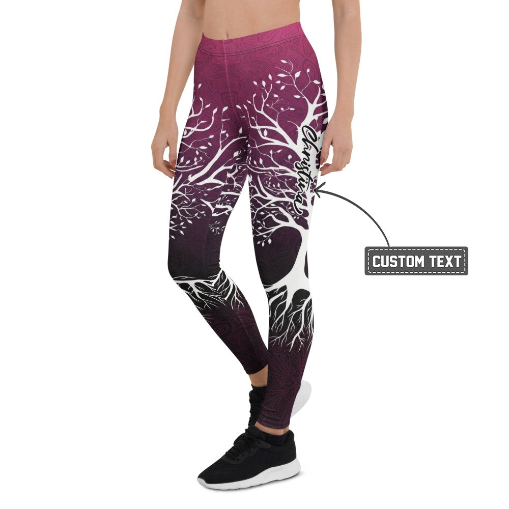 Personalisierte Damen Sportleggings Baum des Lebens Motiv Mandala Design Beerenrot Schwarz Yoga Fitnesshose K226 - XL