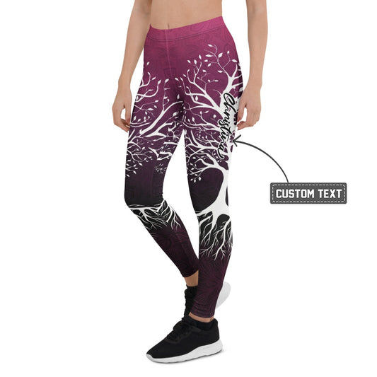Personalisierte Damen Sportleggings Baum des Lebens Motiv Mandala Design Beerenrot Schwarz Yoga Fitnesshose K226 - XL