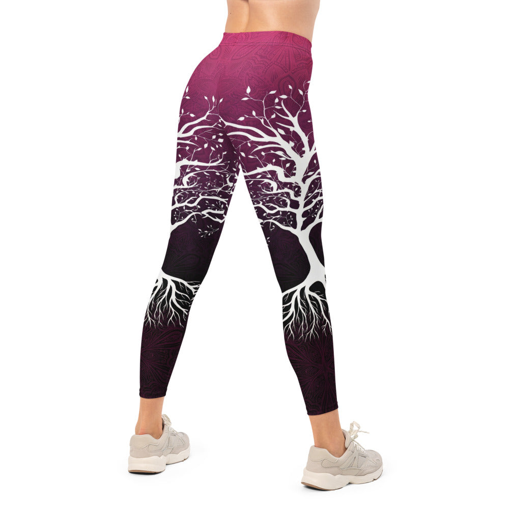 Personalisierte Damen Sportleggings Baum des Lebens Motiv Mandala Design Beerenrot Schwarz Yoga Fitnesshose K226