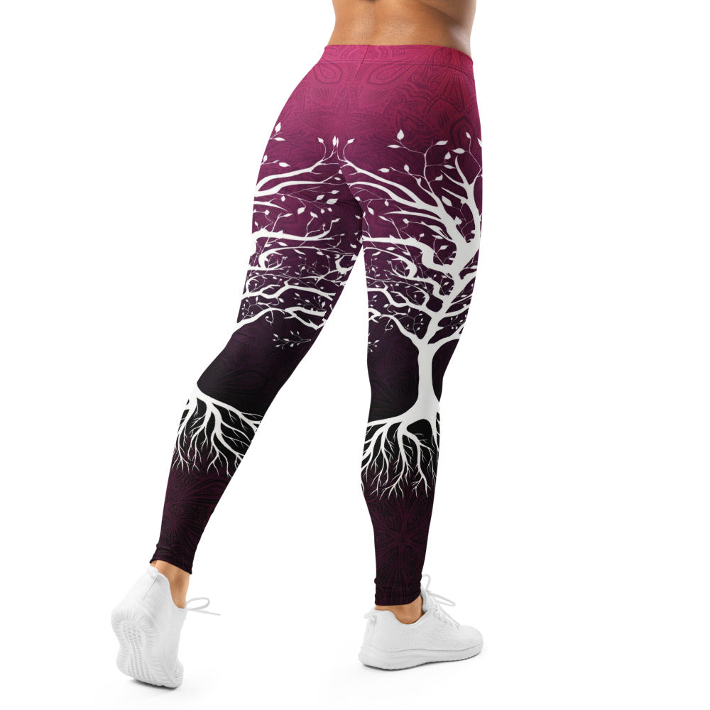 Personalisierte Damen Sportleggings Baum des Lebens Motiv Mandala Design Beerenrot Schwarz Yoga Fitnesshose K226