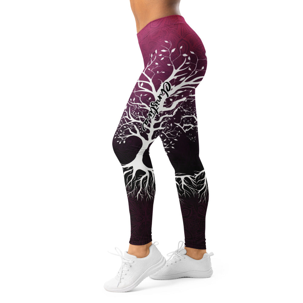 Personalisierte Damen Sportleggings Baum des Lebens Motiv Mandala Design Beerenrot Schwarz Yoga Fitnesshose K226