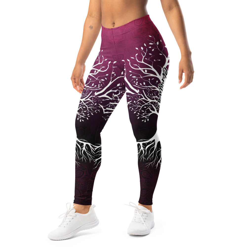 Personalisierte Damen Sportleggings Baum des Lebens Motiv Mandala Design Beerenrot Schwarz Yoga Fitnesshose K226