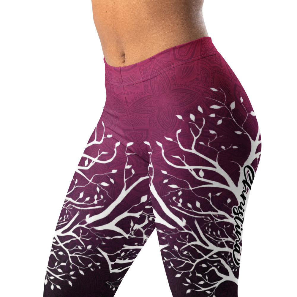 Personalisierte Damen Sportleggings Baum des Lebens Motiv Mandala Design Beerenrot Schwarz Yoga Fitnesshose K226