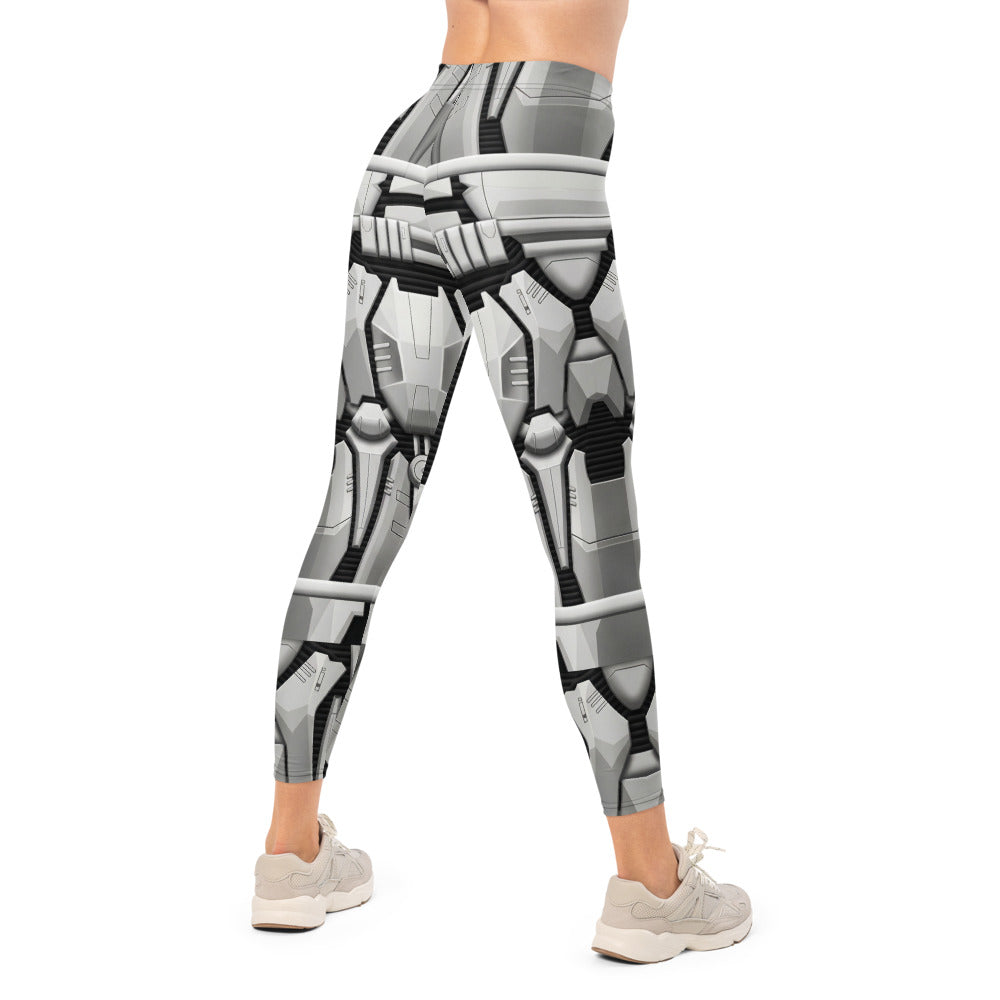 Personalisierte Damen Sportleggings Robot Rüstung Design Grau Weiß Sci-Fi Fitness Leggings B922