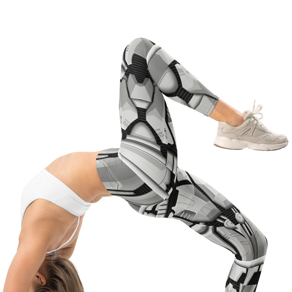 Personalisierte Damen Sportleggings Robot Rüstung Design Grau Weiß Sci-Fi Fitness Leggings B922