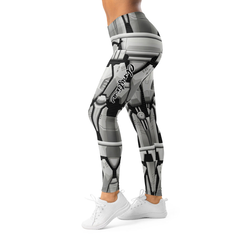 Personalisierte Damen Sportleggings Robot Rüstung Design Grau Weiß Sci-Fi Fitness Leggings B922
