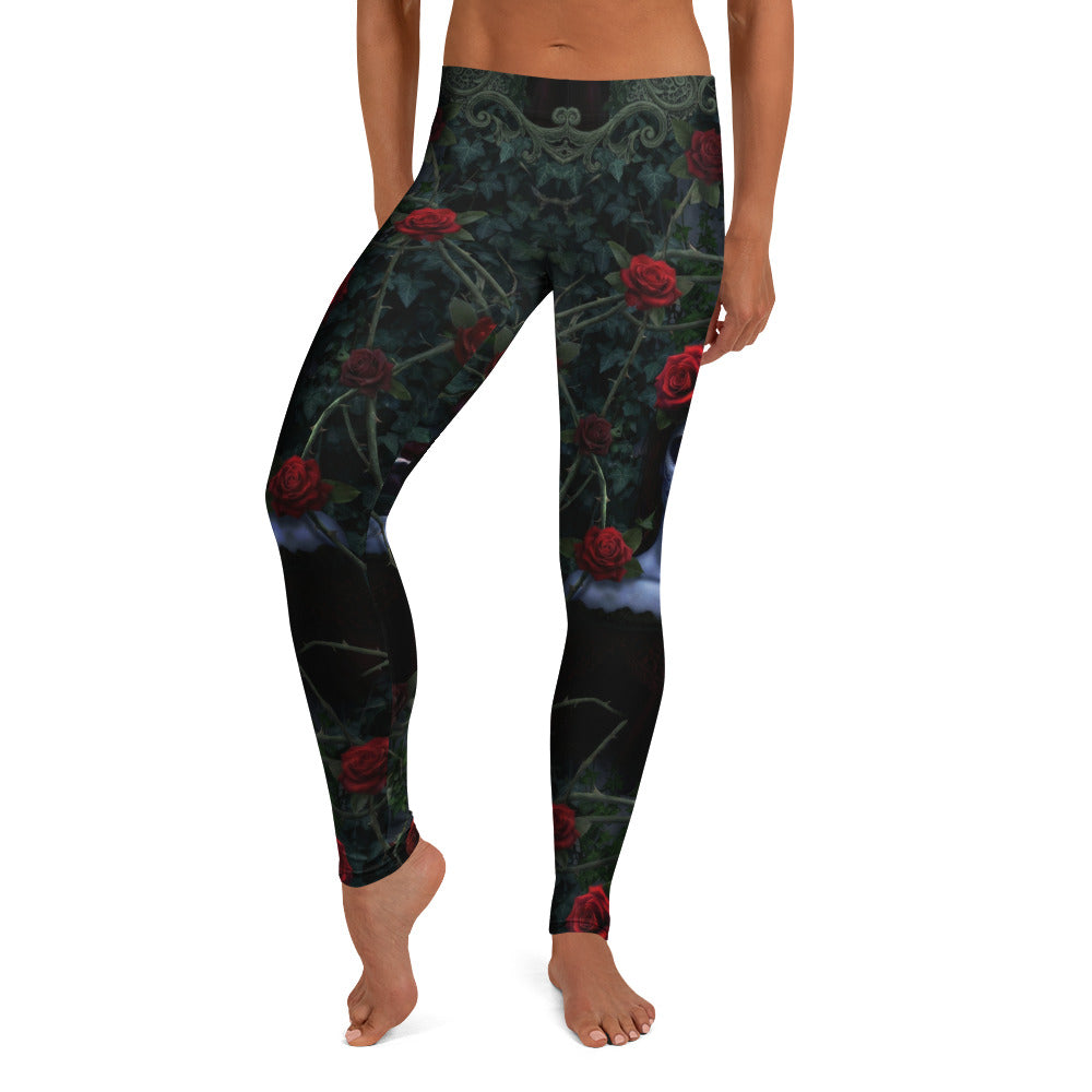 Personalisierte Damen Sportleggings Rosen Motiv Schwarz Rot Gothic Design Fitness Leggings N012