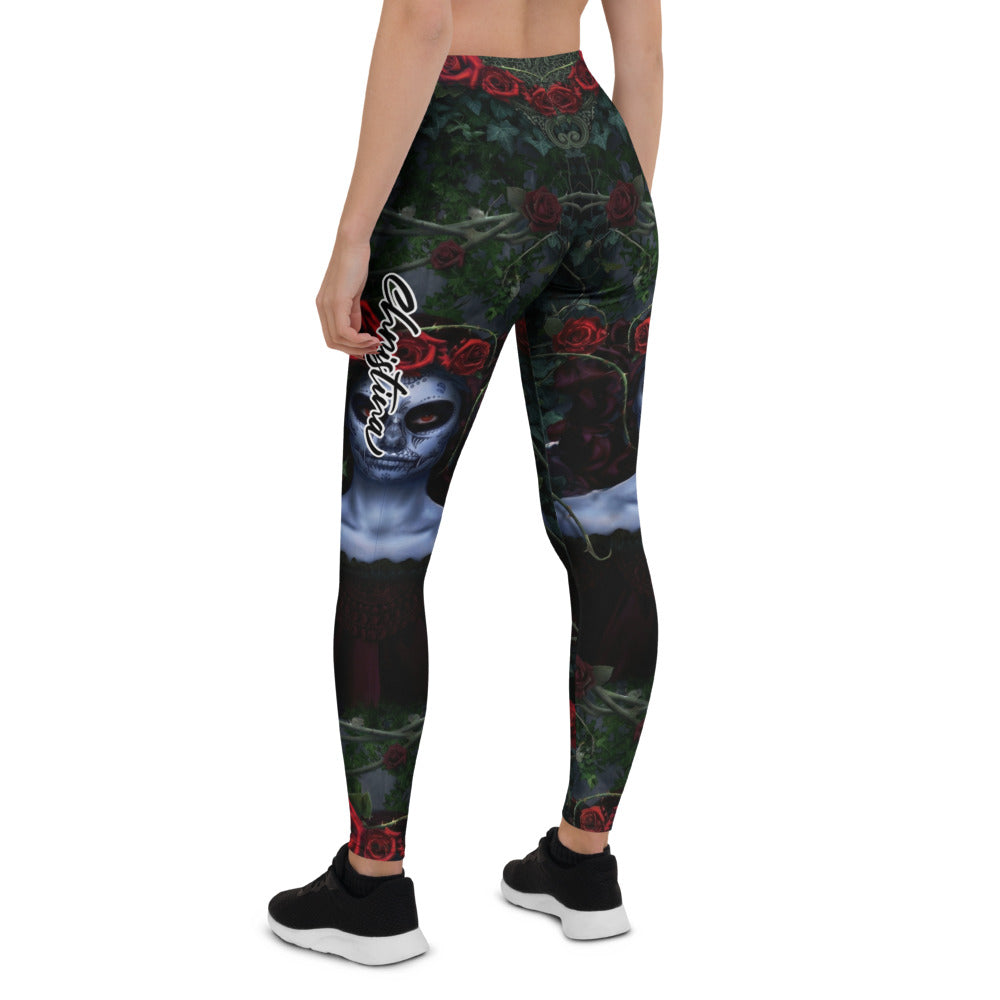 Personalisierte Damen Sportleggings Rosen Motiv Schwarz Rot Gothic Design Fitness Leggings N012