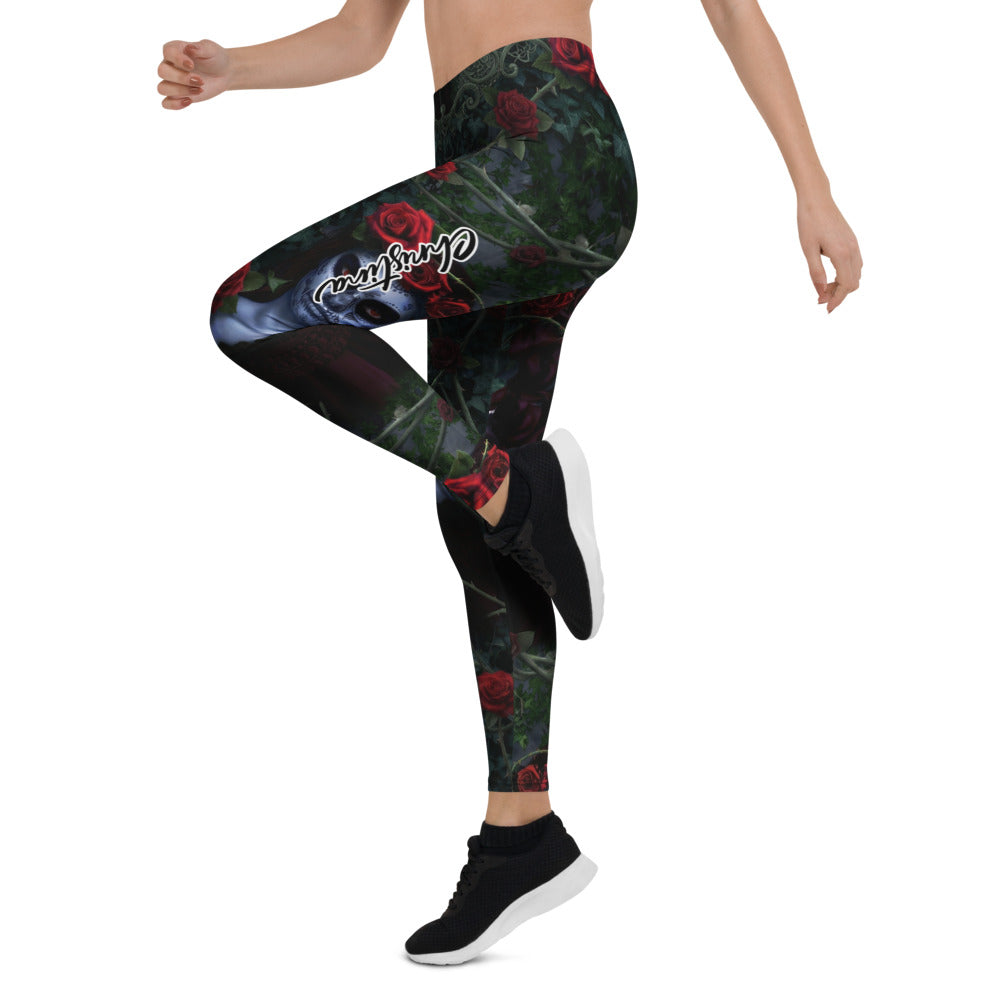 Personalisierte Damen Sportleggings Rosen Motiv Schwarz Rot Gothic Design Fitness Leggings N012