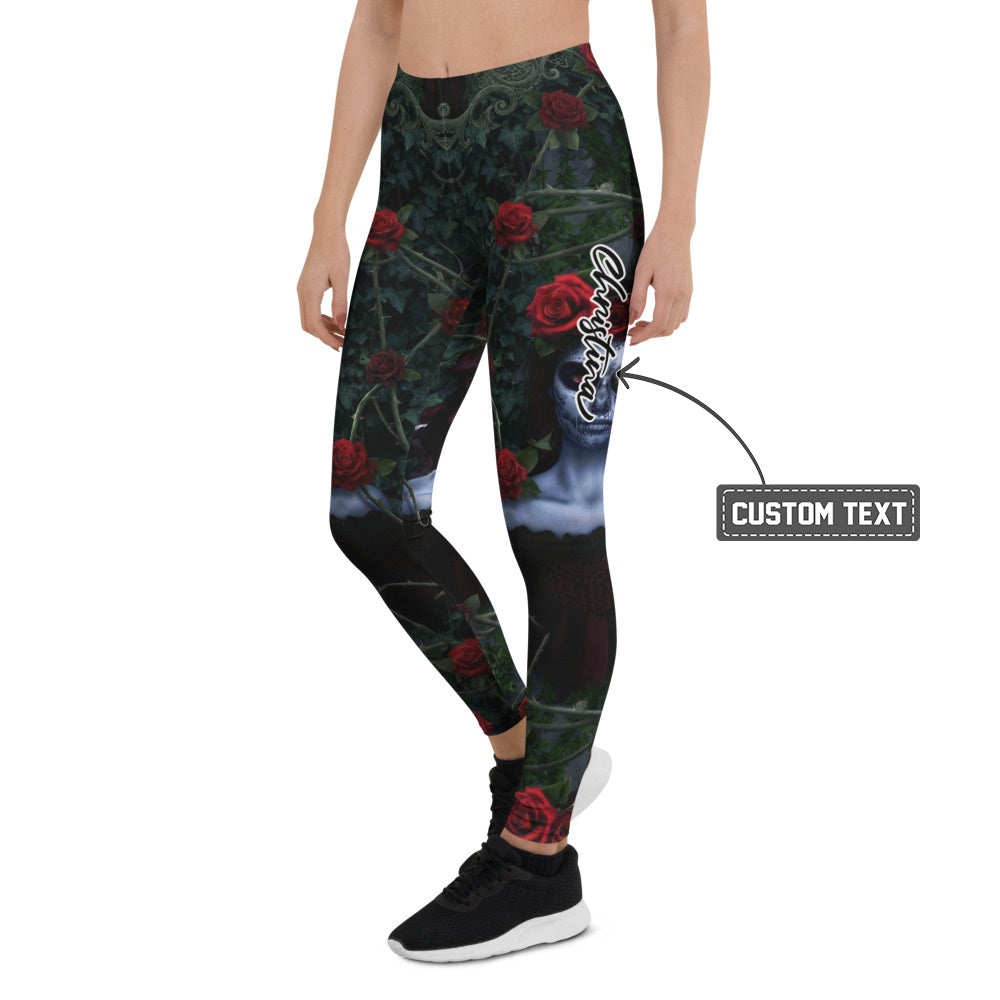 Personalisierte Damen Sportleggings Rosen Motiv Schwarz Rot Gothic Design Fitness Leggings N012 - XL