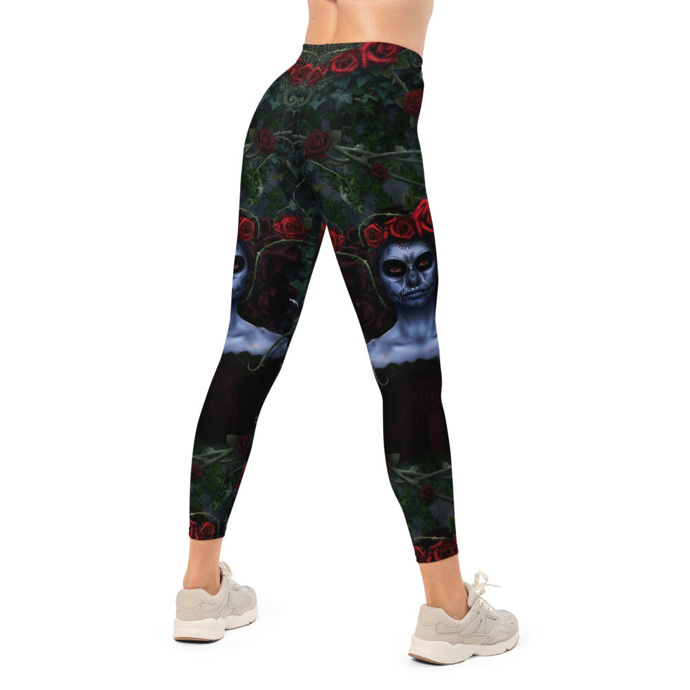 Personalisierte Damen Sportleggings Rosen Motiv Schwarz Rot Gothic Design Fitness Leggings N012