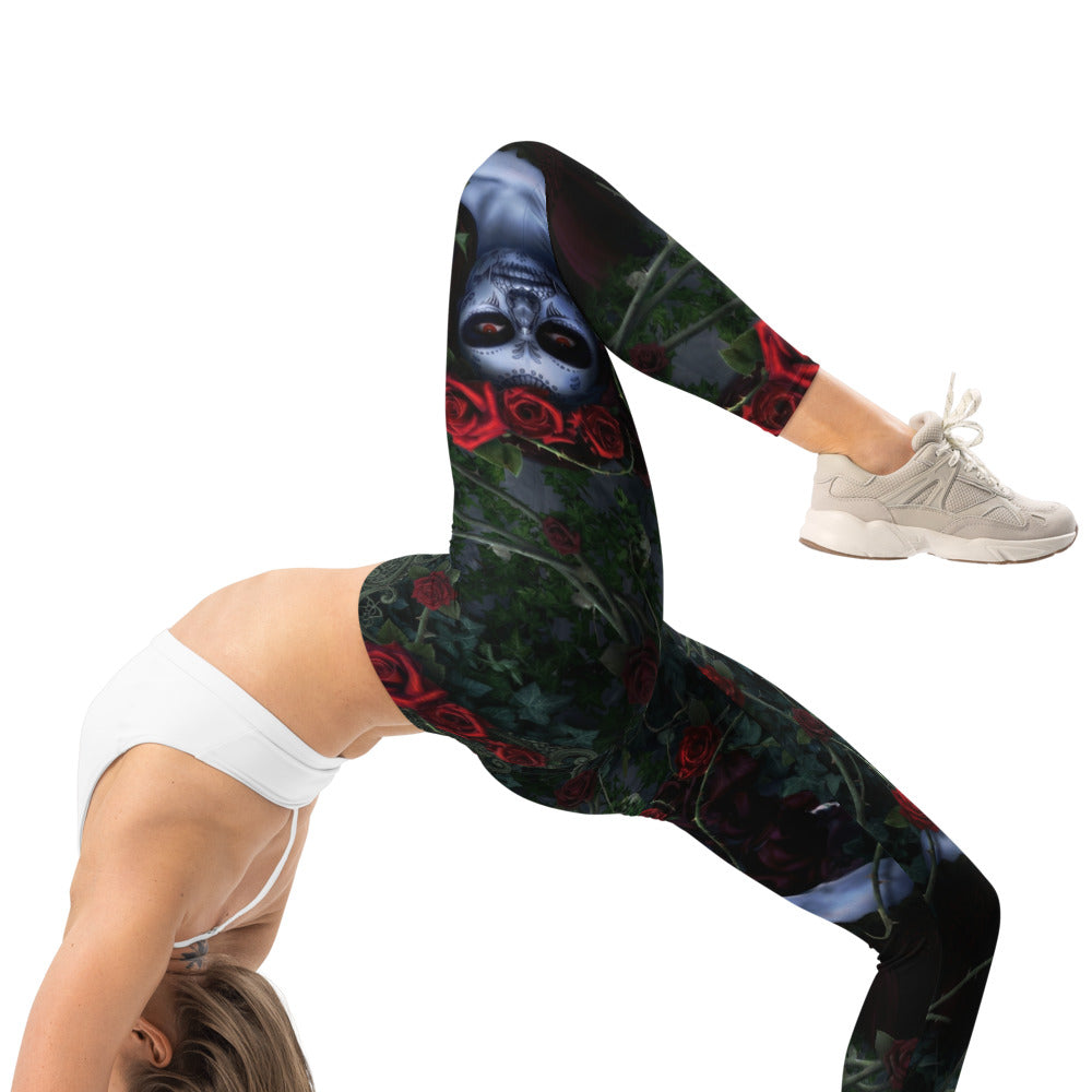 Personalisierte Damen Sportleggings Rosen Motiv Schwarz Rot Gothic Design Fitness Leggings N012