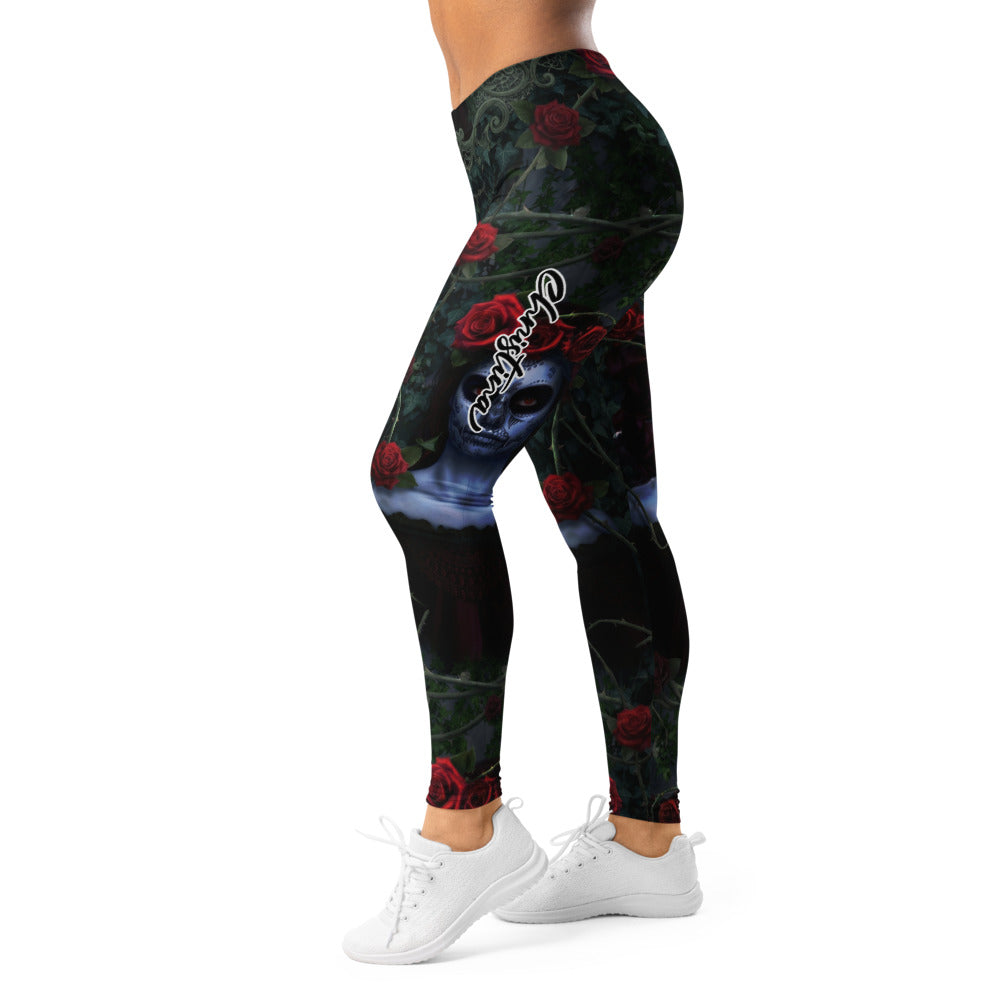 Personalisierte Damen Sportleggings Rosen Motiv Schwarz Rot Gothic Design Fitness Leggings N012