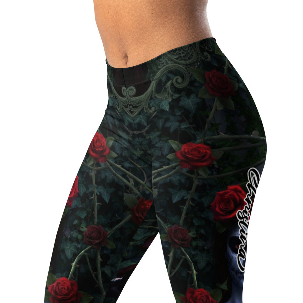Personalisierte Damen Sportleggings Rosen Motiv Schwarz Rot Gothic Design Fitness Leggings N012