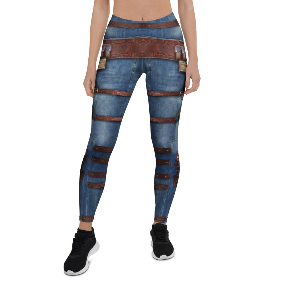 Personalisierte Damen Sportleggings Western Look Jeans Optik Blau Braun Fitness Leggings mit Holster und Gürtel Print C088