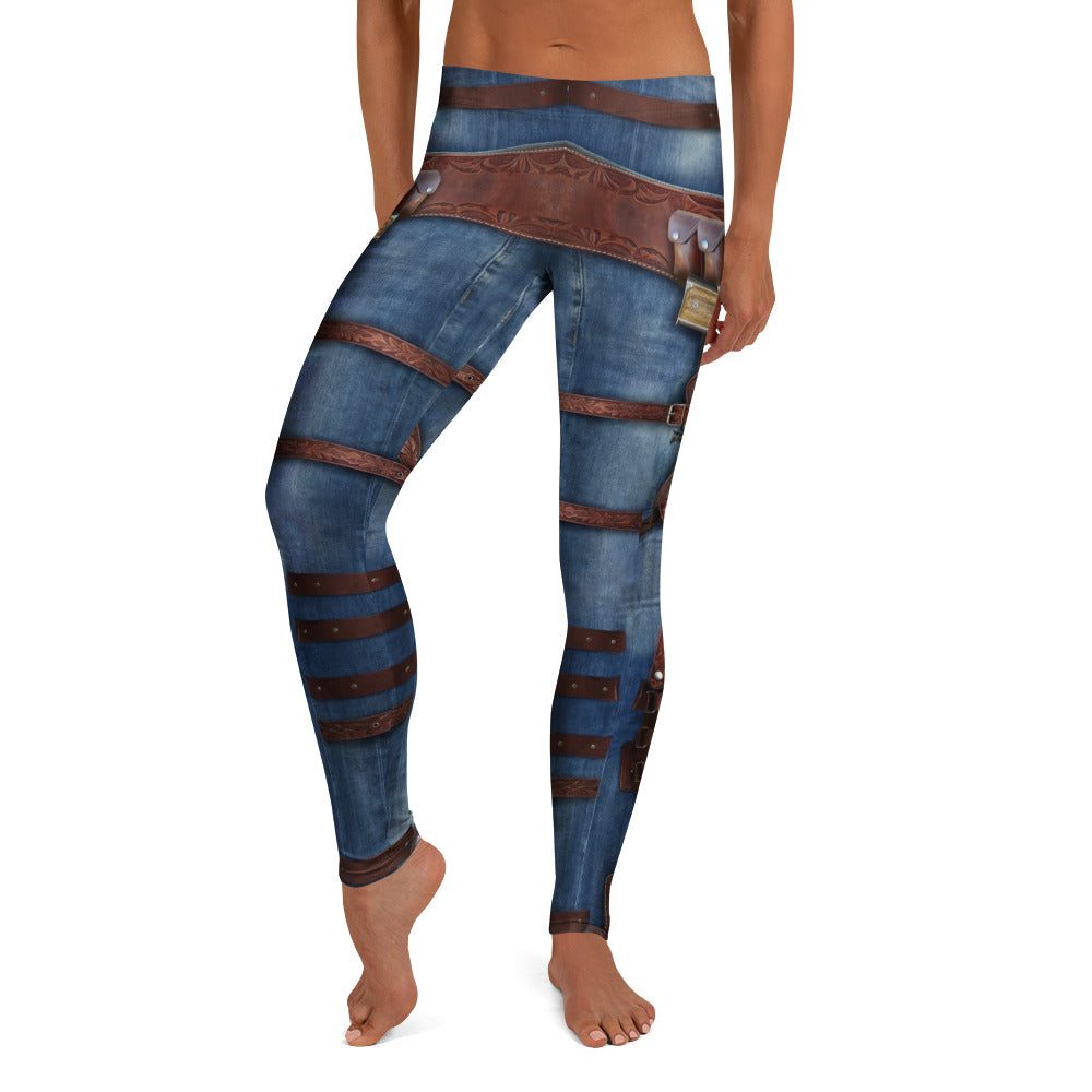Personalisierte Damen Sportleggings Western Look Jeans Optik Blau Braun Fitness Leggings mit Holster und Gürtel Print C088