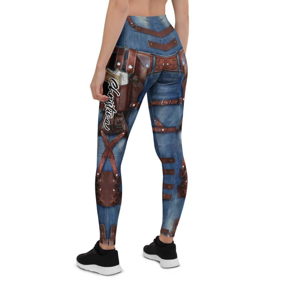 Personalisierte Damen Sportleggings Western Look Jeans Optik Blau Braun Fitness Leggings mit Holster und Gürtel Print C088