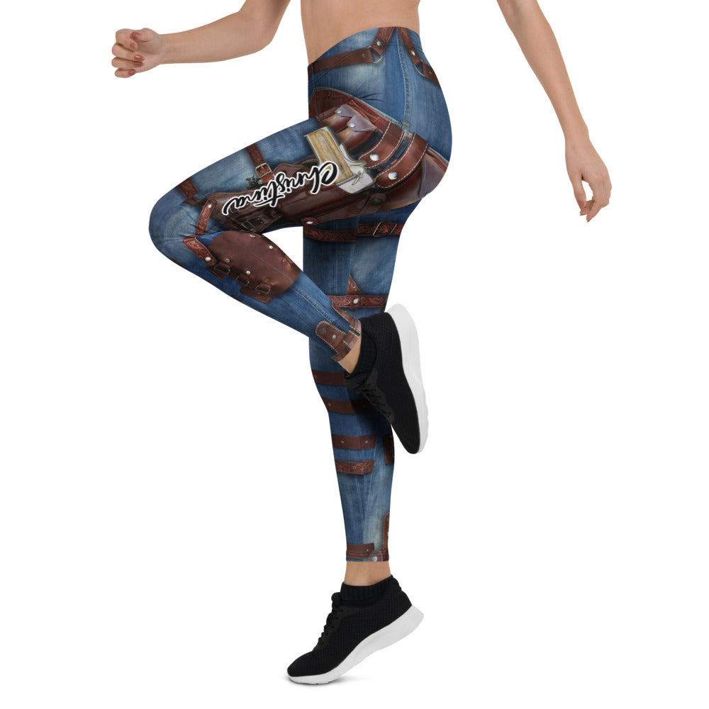 Personalisierte Damen Sportleggings Western Look Jeans Optik Blau Braun Fitness Leggings mit Holster und Gürtel Print C088