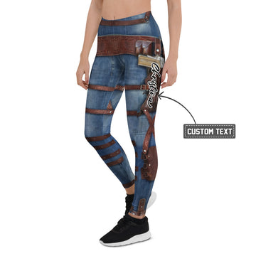 Personalisierte Damen Sportleggings Western Look Jeans Optik Blau Braun Fitness Leggings mit Holster und Gürtel Print C088 - XL