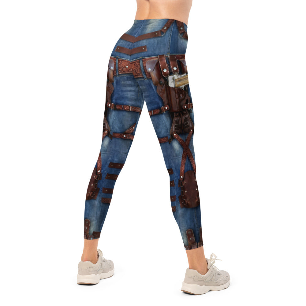 Personalisierte Damen Sportleggings Western Look Jeans Optik Blau Braun Fitness Leggings mit Holster und Gürtel Print C088