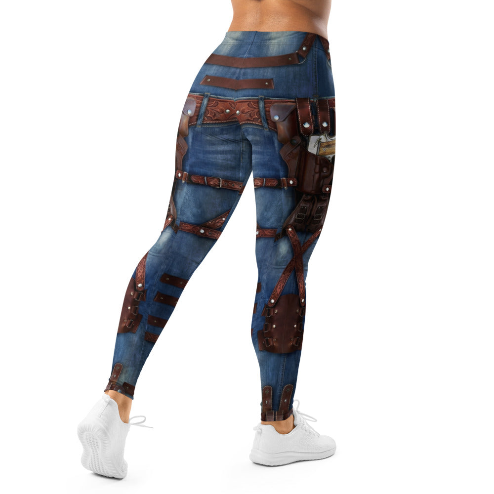 Personalisierte Damen Sportleggings Western Look Jeans Optik Blau Braun Fitness Leggings mit Holster und Gürtel Print C088