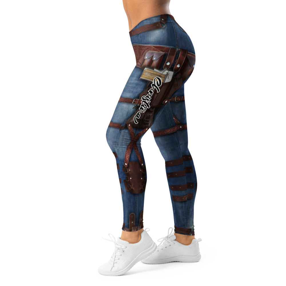 Personalisierte Damen Sportleggings Western Look Jeans Optik Blau Braun Fitness Leggings mit Holster und Gürtel Print C088