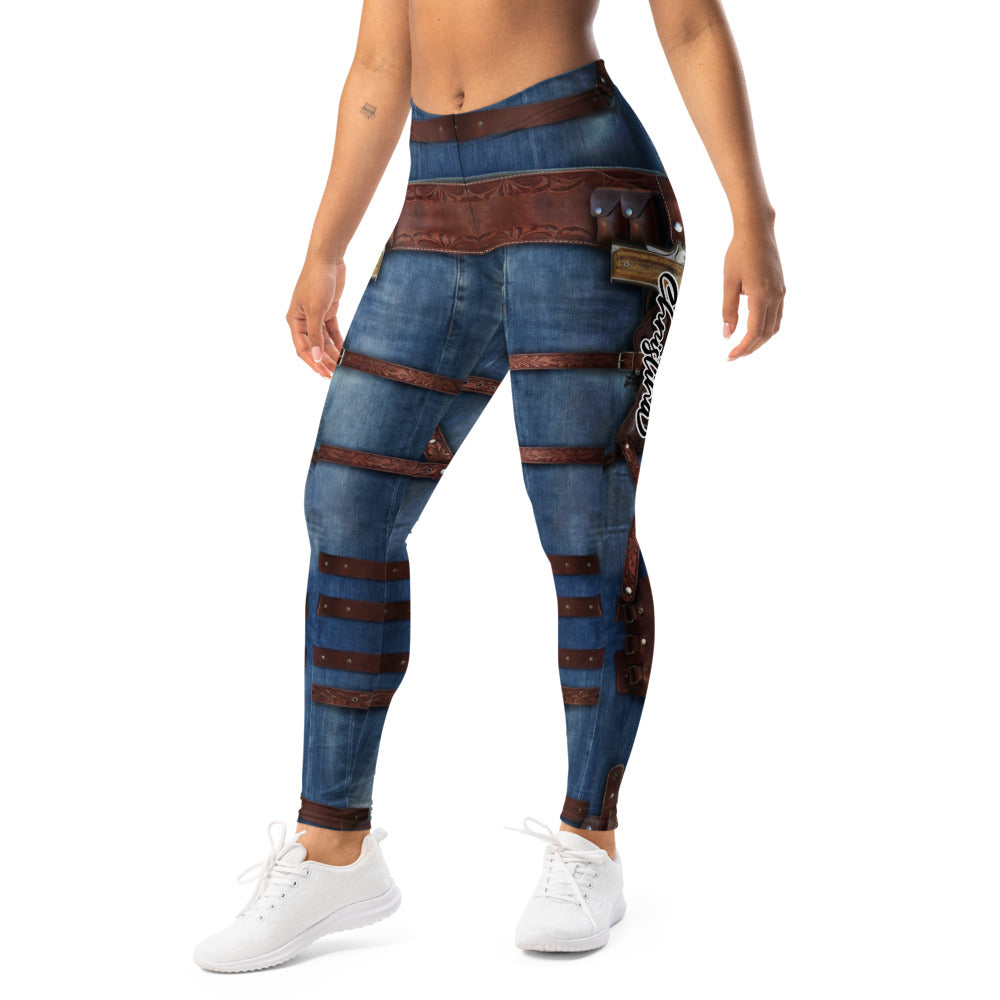 Personalisierte Damen Sportleggings Western Look Jeans Optik Blau Braun Fitness Leggings mit Holster und Gürtel Print C088