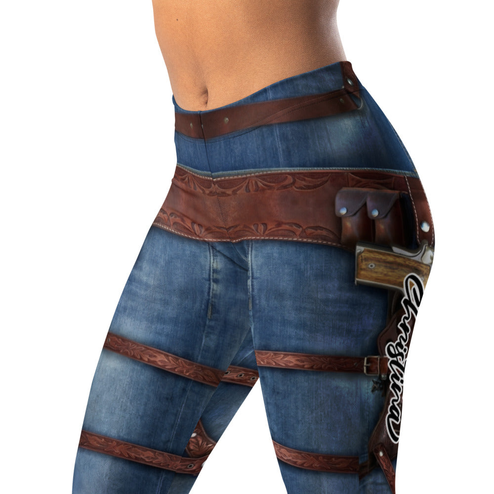 Personalisierte Damen Sportleggings Western Look Jeans Optik Blau Braun Fitness Leggings mit Holster und Gürtel Print C088