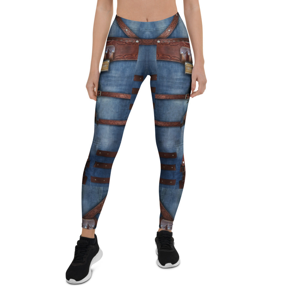 Personalisierte Damen Sportleggings Western Look Jeans Optik Braune Riemen Fitnesshose Steampunk Design L172