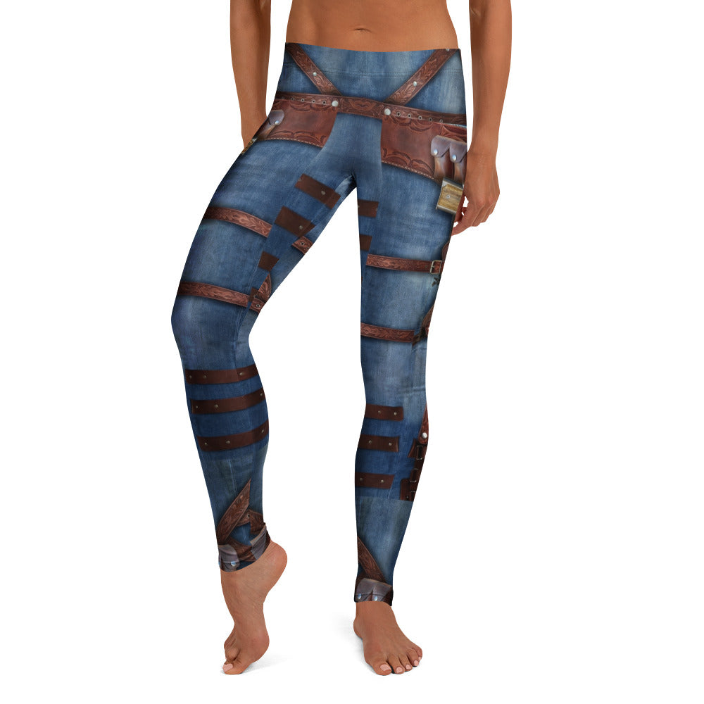 Personalisierte Damen Sportleggings Western Look Jeans Optik Braune Riemen Fitnesshose Steampunk Design L172