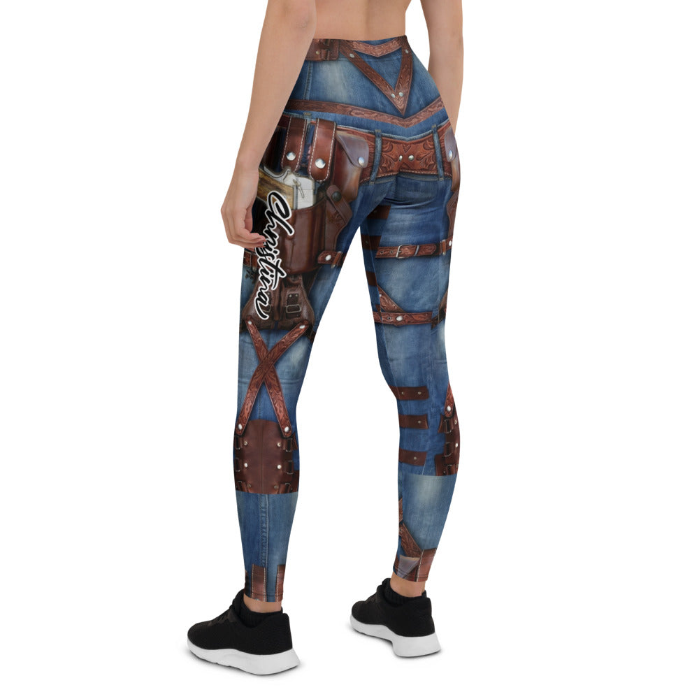 Personalisierte Damen Sportleggings Western Look Jeans Optik Braune Riemen Fitnesshose Steampunk Design L172