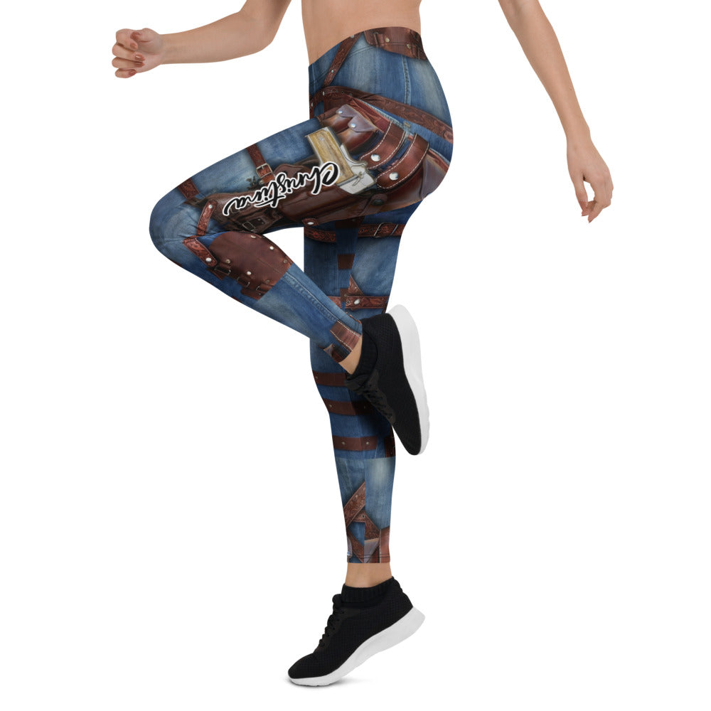 Personalisierte Damen Sportleggings Western Look Jeans Optik Braune Riemen Fitnesshose Steampunk Design L172
