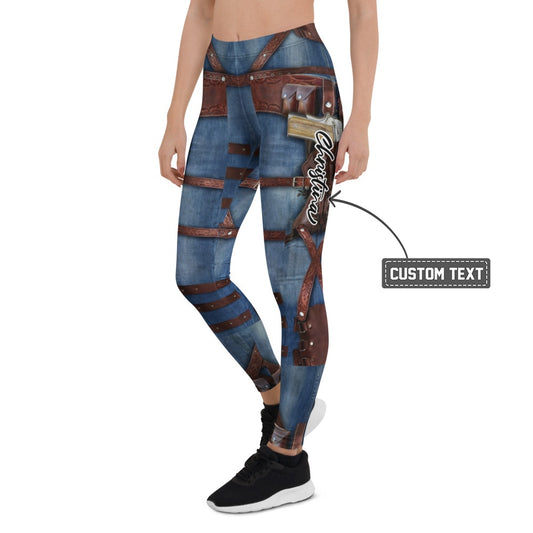 Personalisierte Damen Sportleggings Western Look Jeans Optik Braune Riemen Fitnesshose Steampunk Design L172 - XL