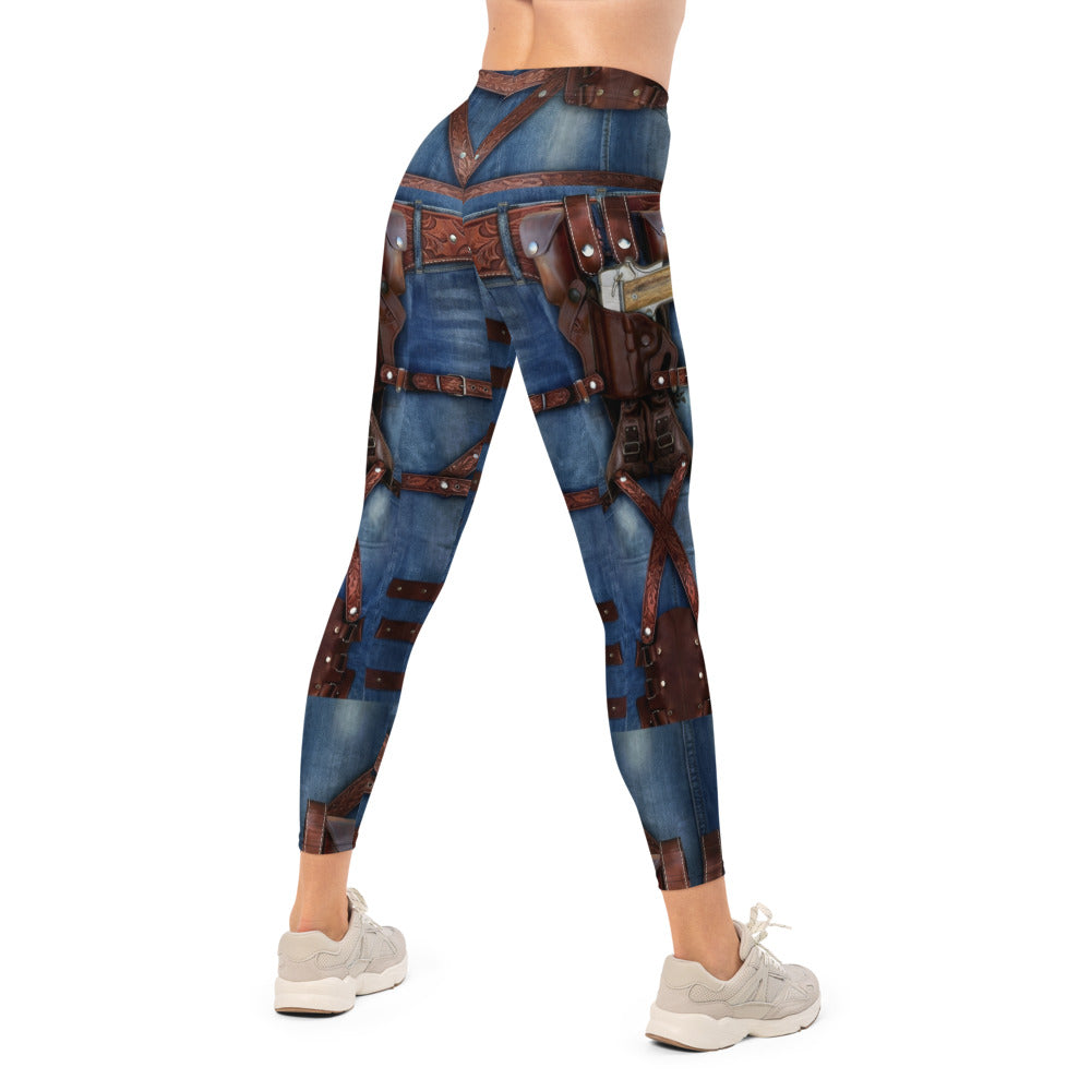 Personalisierte Damen Sportleggings Western Look Jeans Optik Braune Riemen Fitnesshose Steampunk Design L172