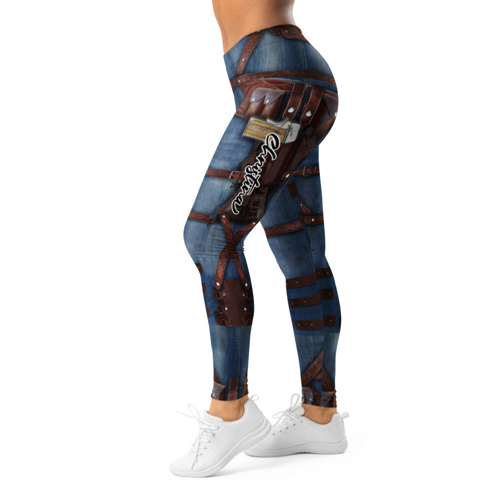 Personalisierte Damen Sportleggings Western Look Jeans Optik Braune Riemen Fitnesshose Steampunk Design L172