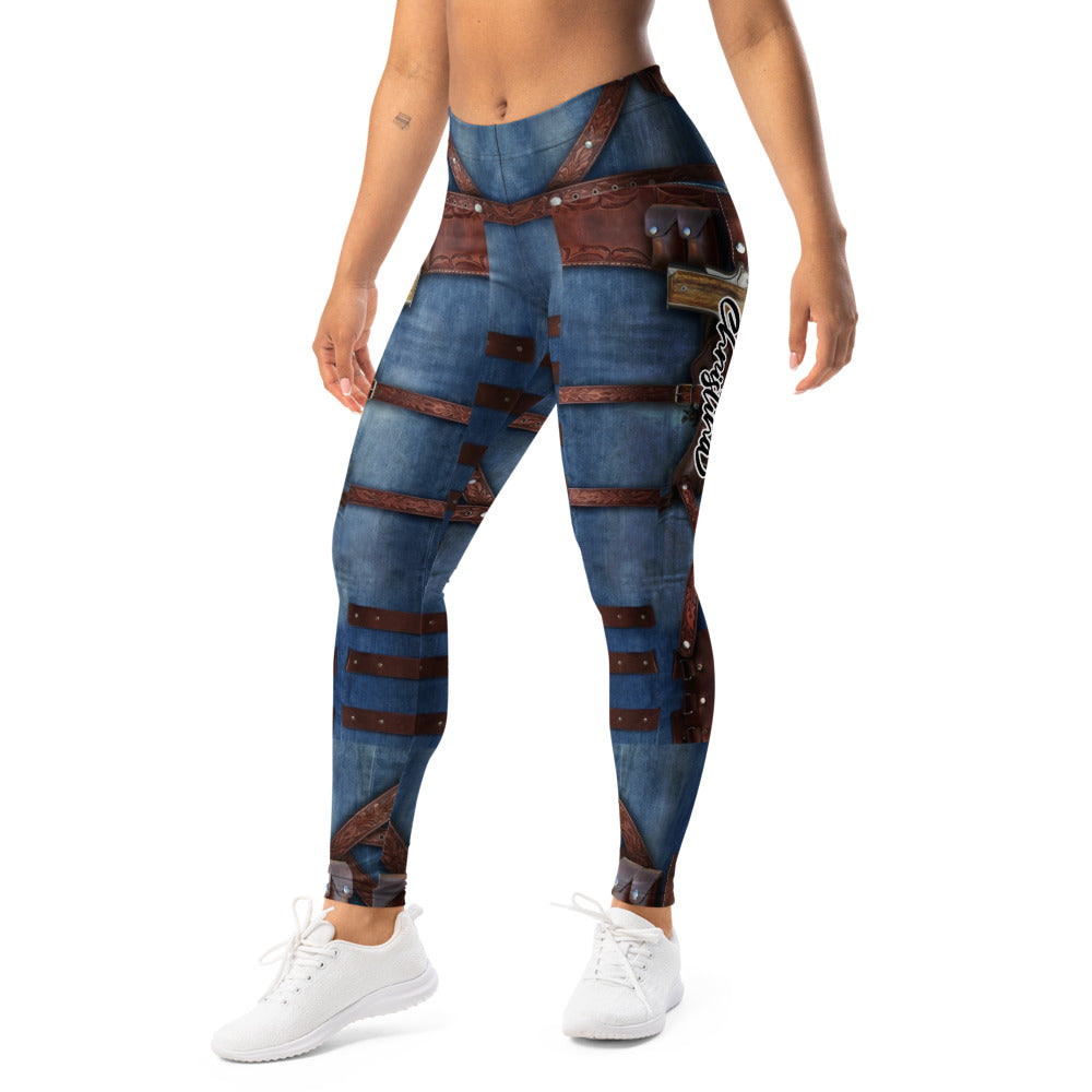 Personalisierte Damen Sportleggings Western Look Jeans Optik Braune Riemen Fitnesshose Steampunk Design L172