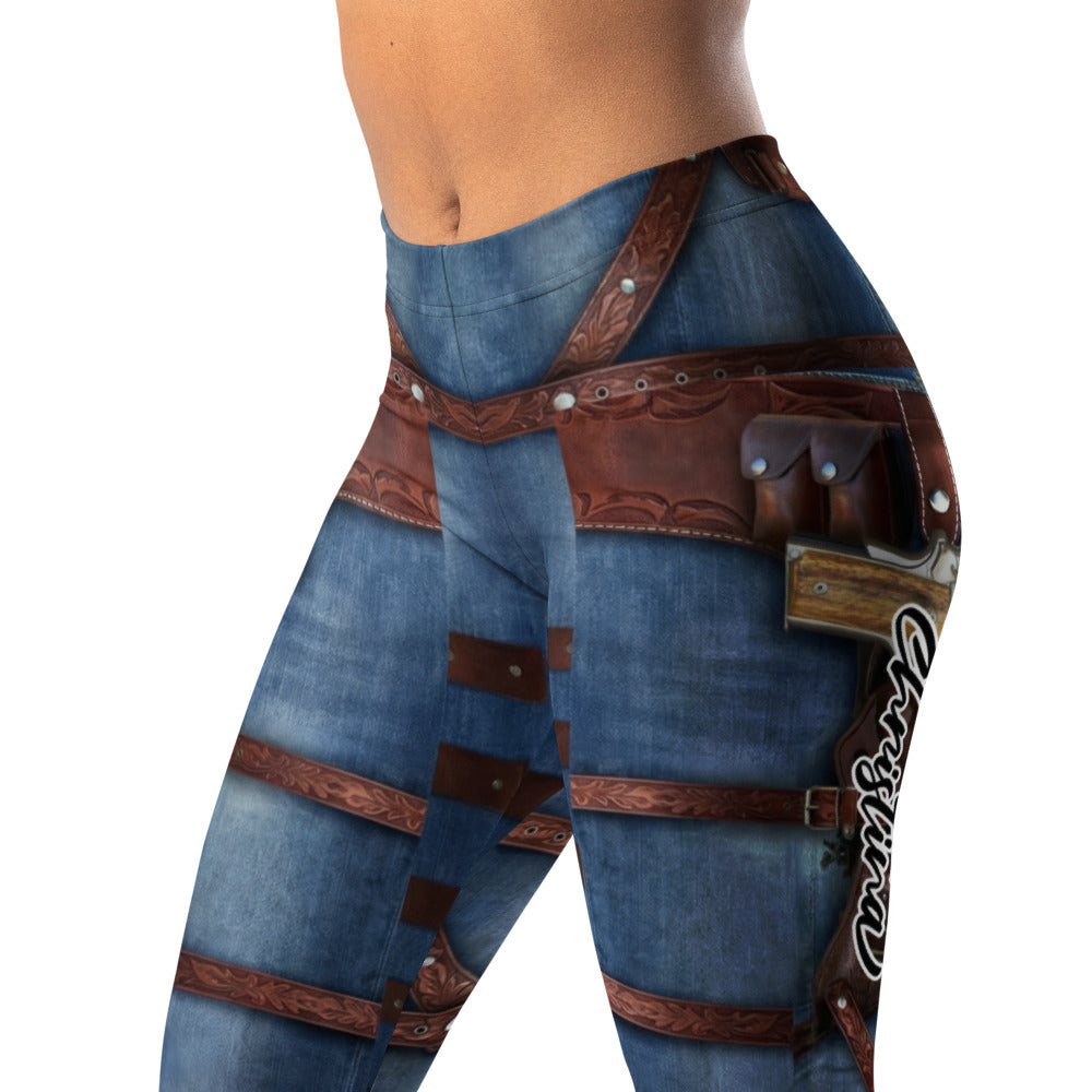 Personalisierte Damen Sportleggings Western Look Jeans Optik Braune Riemen Fitnesshose Steampunk Design L172