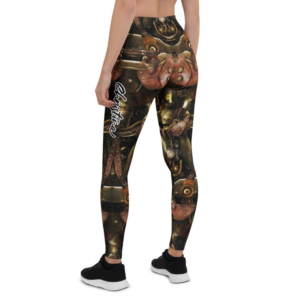 Personalisierte Damen Leggings Steampunk Design Mechanik Muster Bronze Braun Fitness Sport Hose Q982