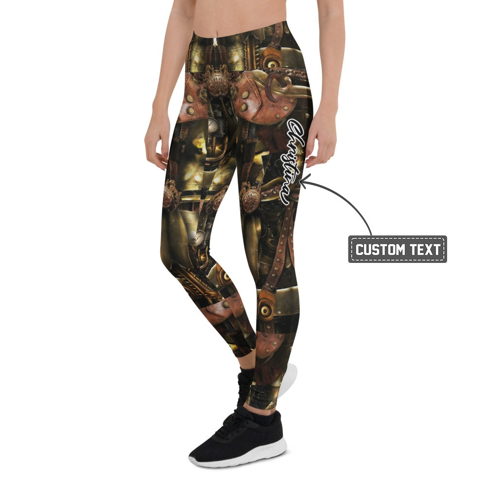 Personalisierte Damen Leggings Steampunk Design Mechanik Muster Bronze Braun Fitness Sport Hose Q982 - XL