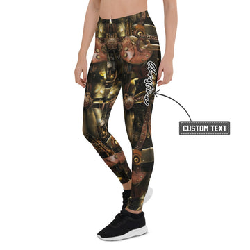 Personalisierte Damen Leggings Steampunk Design Mechanik Muster Bronze Braun Fitness Sport Hose Q982 - XL