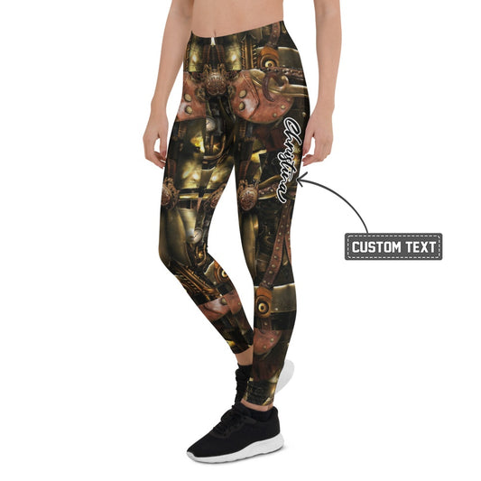 Personalisierte Damen Leggings Steampunk Design Mechanik Muster Bronze Braun Fitness Sport Hose Q982 - XL
