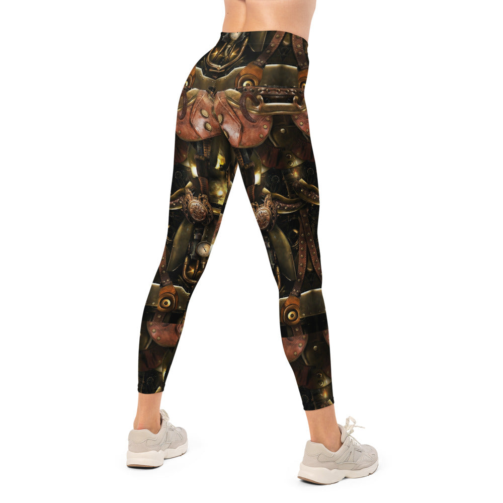 Personalisierte Damen Leggings Steampunk Design Mechanik Muster Bronze Braun Fitness Sport Hose Q982