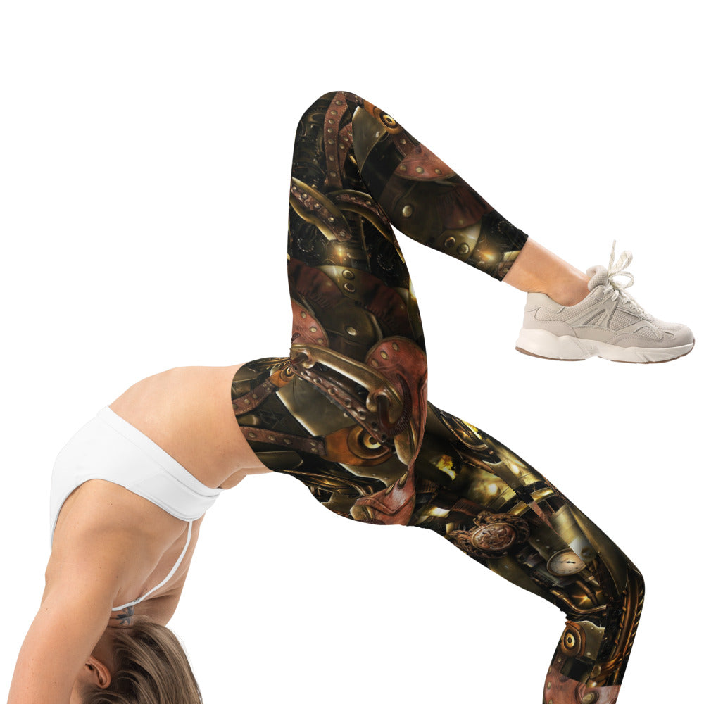 Personalisierte Damen Leggings Steampunk Design Mechanik Muster Bronze Braun Fitness Sport Hose Q982