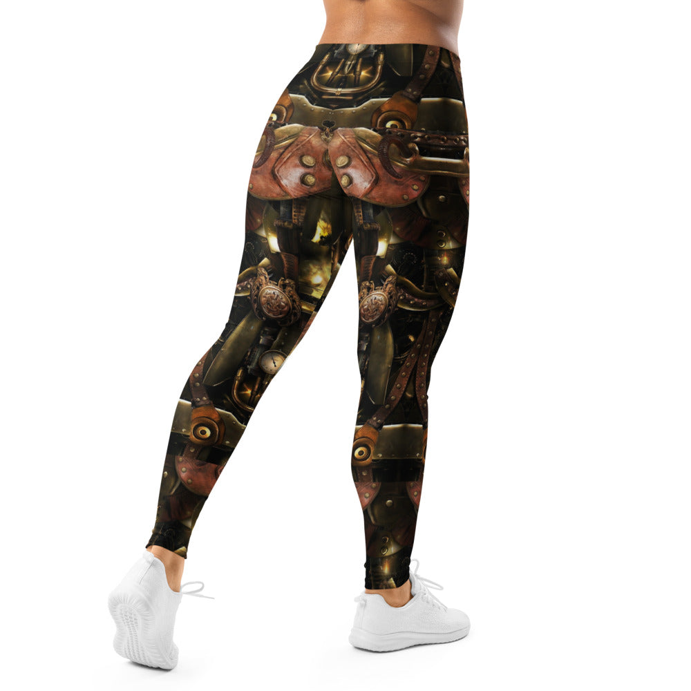 Personalisierte Damen Leggings Steampunk Design Mechanik Muster Bronze Braun Fitness Sport Hose Q982