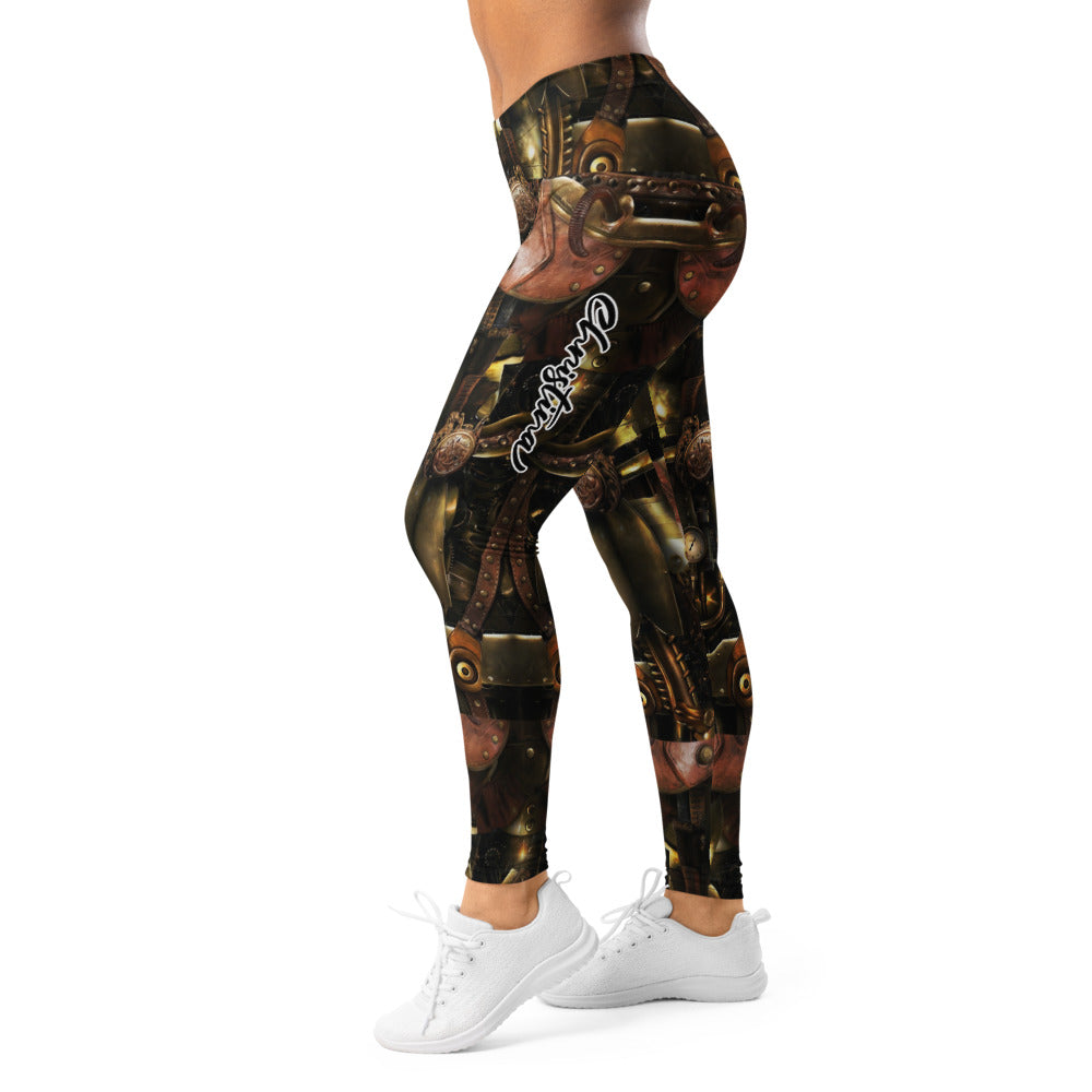 Personalisierte Damen Leggings Steampunk Design Mechanik Muster Bronze Braun Fitness Sport Hose Q982
