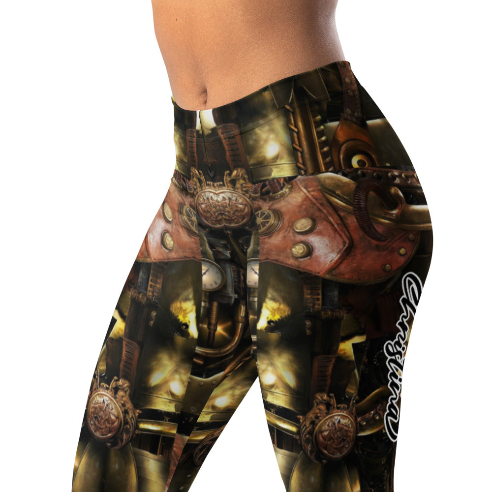 Personalisierte Damen Leggings Steampunk Design Mechanik Muster Bronze Braun Fitness Sport Hose Q982