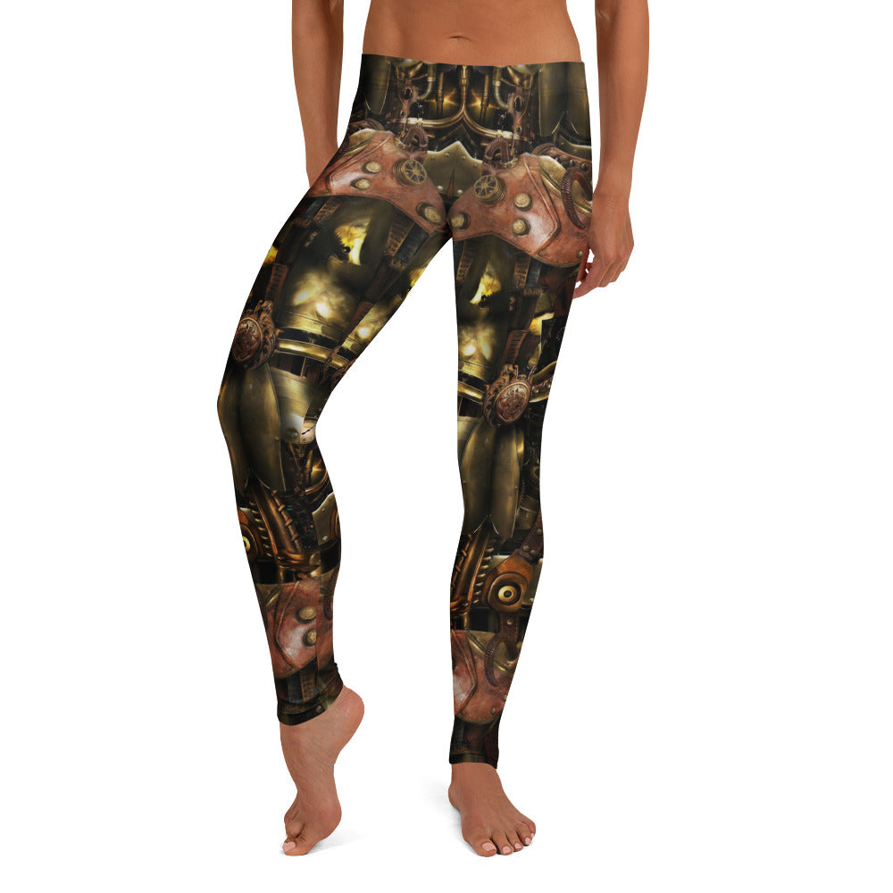 Personalisierte Damen Sportleggings Steampunk Design Mechanik Muster Braun Gold Fitness Yoga Leggings W166